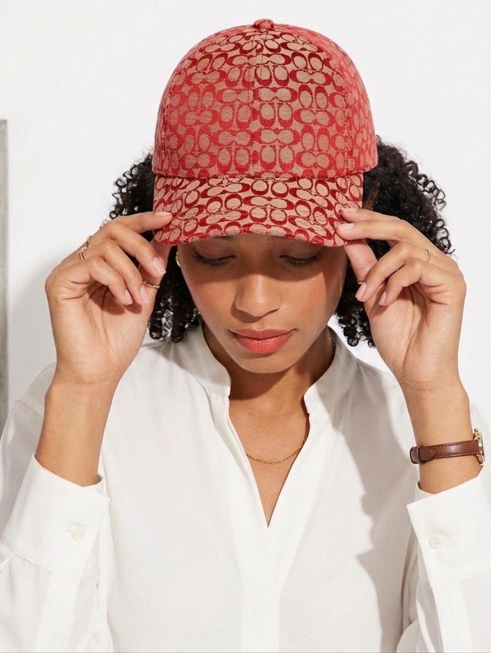 Coach Red Monogram Signature C Canvas Baseball Cap with Leather Strap